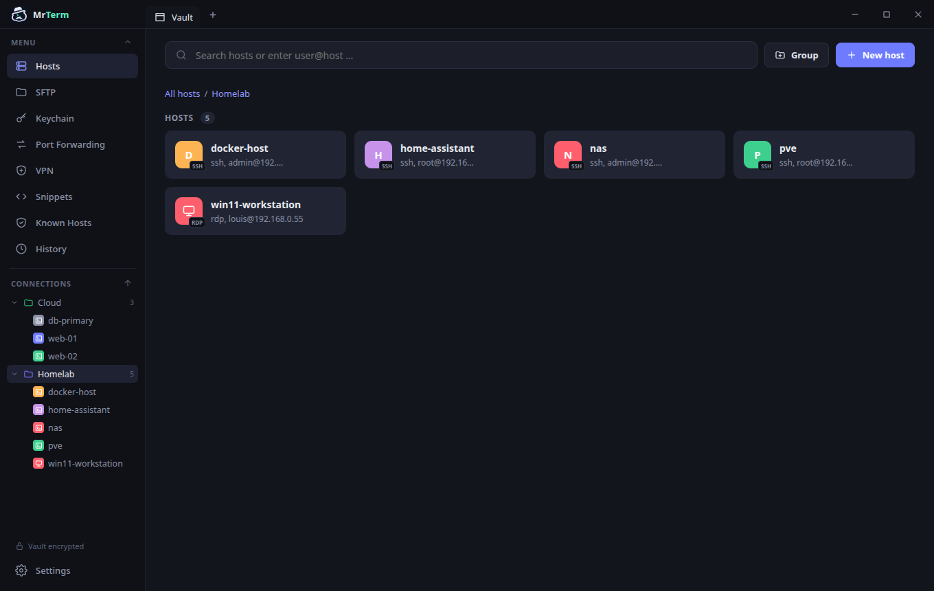 MrTerm host overview with groups