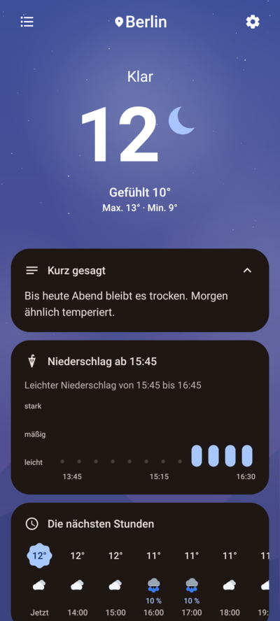 Home, clear night, dark mode