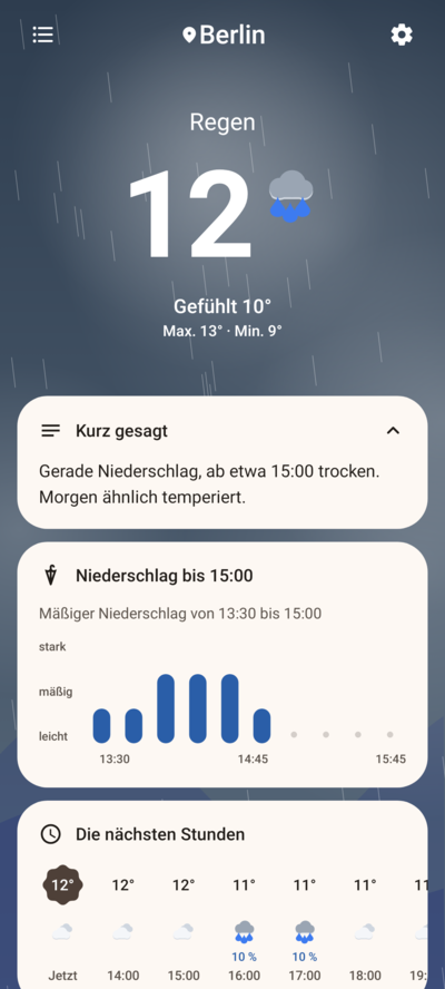 Rain with the next-hours precipitation card