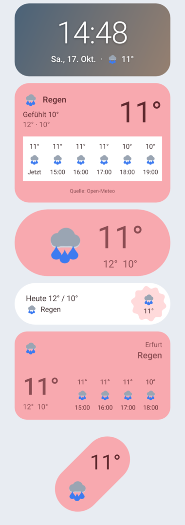 Home-screen widgets: clock, weather card, pill, bar, classic, tilted pill